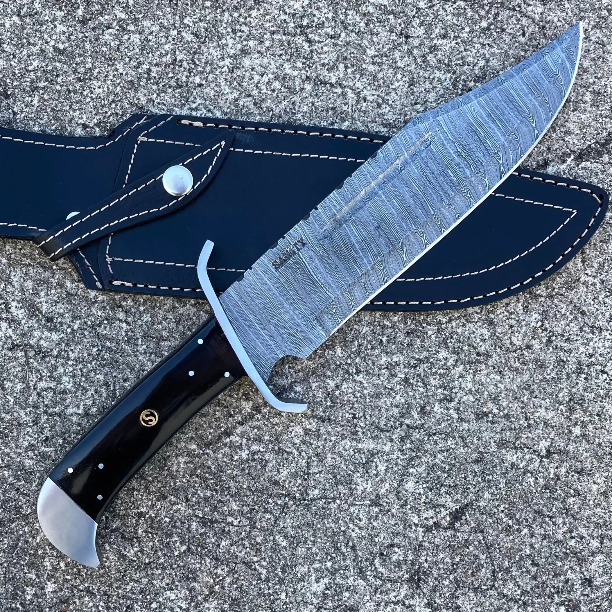 14” Jim Bowie - Buffalo Horn - Damascus - Vertical Carry - JBSC1