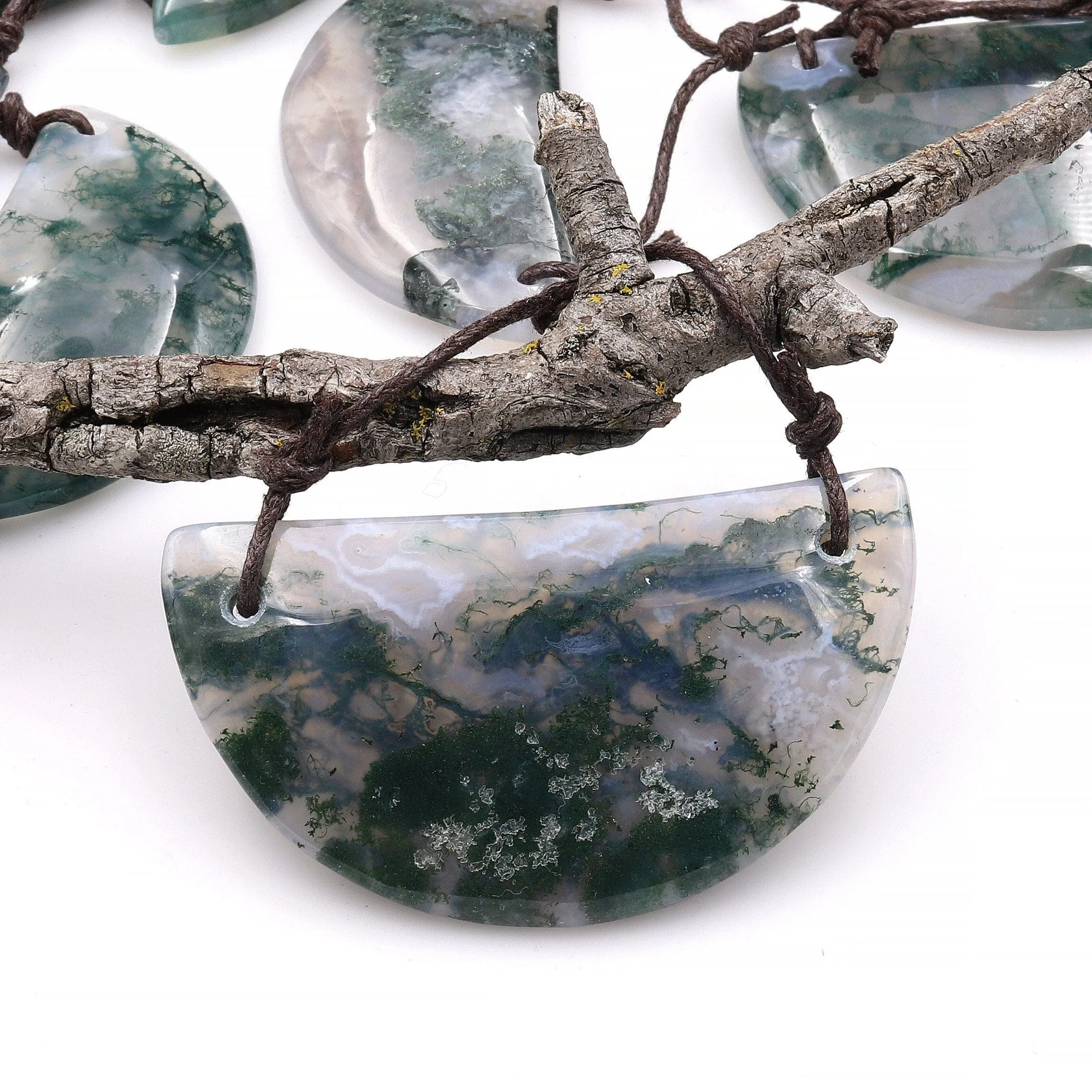 2 Hole Pendant Natural Green Moss Agate Half Circle Moon Pendant Gemstone Focal Bead