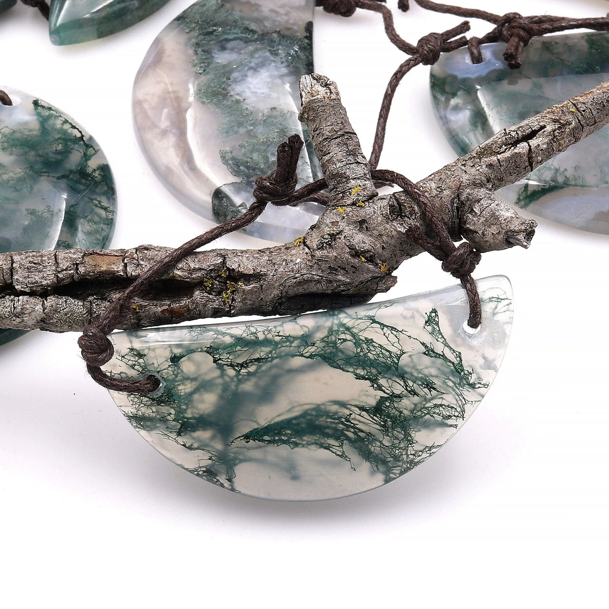 2 Hole Pendant Natural Green Moss Agate Half Circle Moon Pendant Gemstone Focal Bead