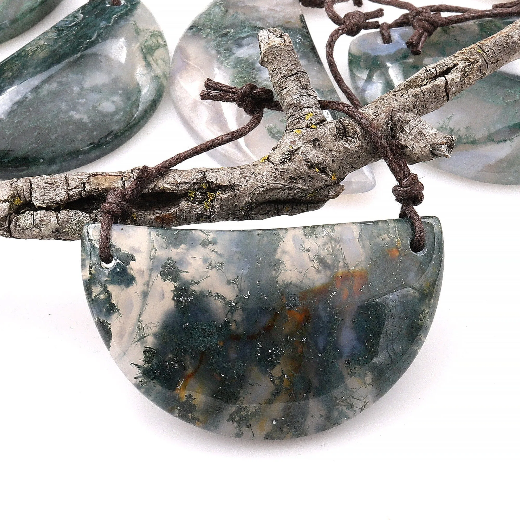 2 Hole Pendant Natural Green Moss Agate Half Circle Moon Pendant Gemstone Focal Bead