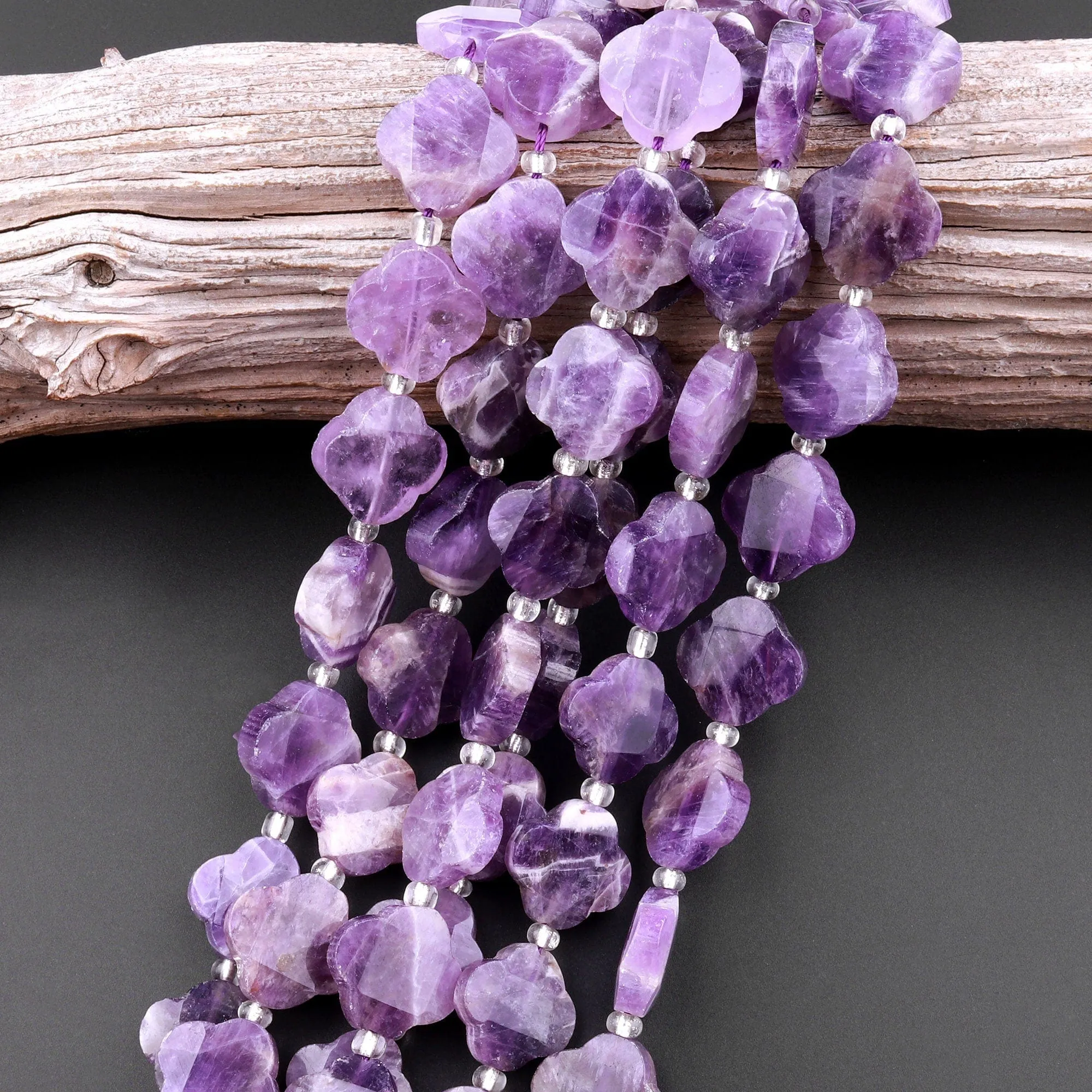 4 Four Leaf Clover Beads Natural Purple Amethyst Hand Carved Flower Gemstone 15.5" Strand