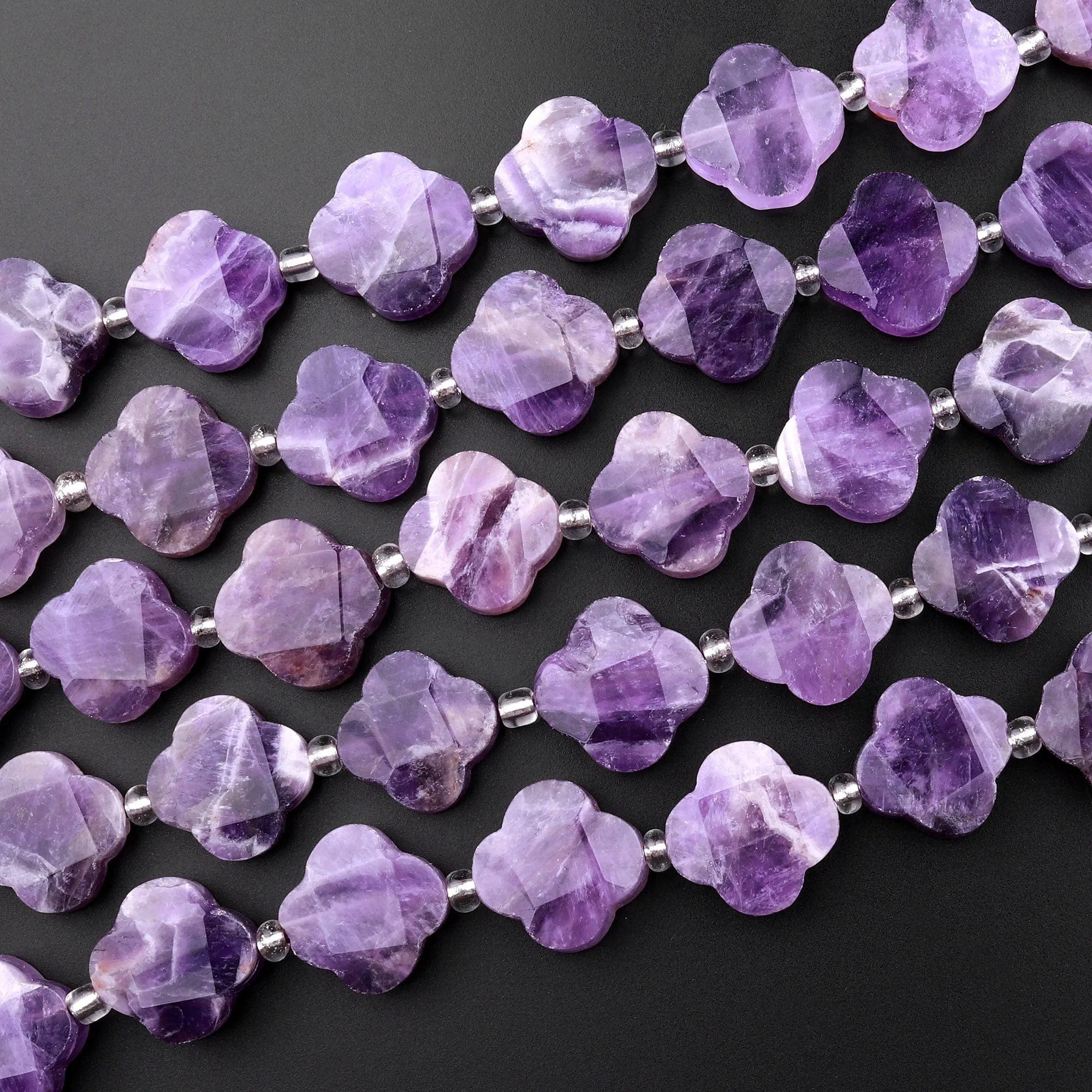 4 Four Leaf Clover Beads Natural Purple Amethyst Hand Carved Flower Gemstone 15.5" Strand