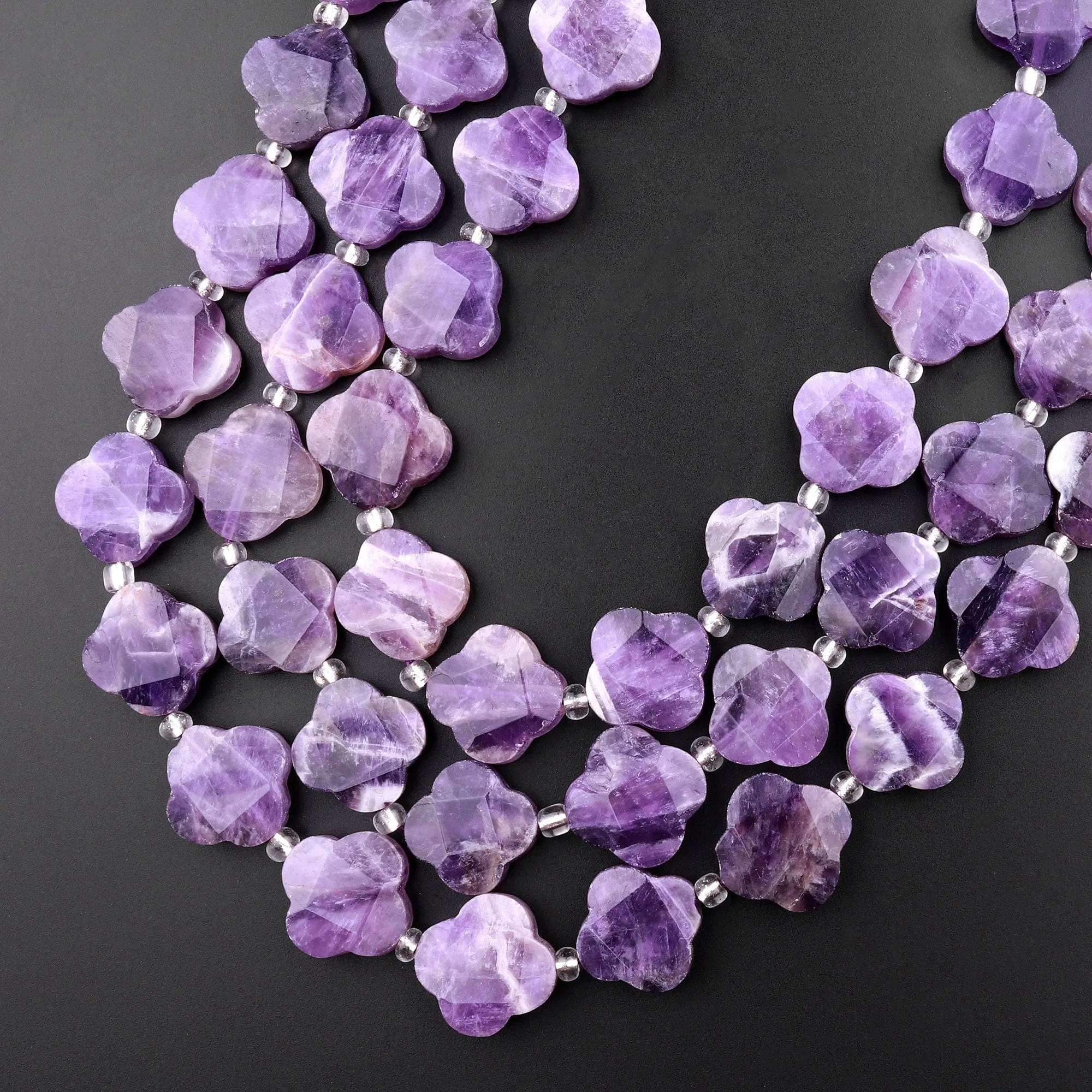 4 Four Leaf Clover Beads Natural Purple Amethyst Hand Carved Flower Gemstone 15.5" Strand