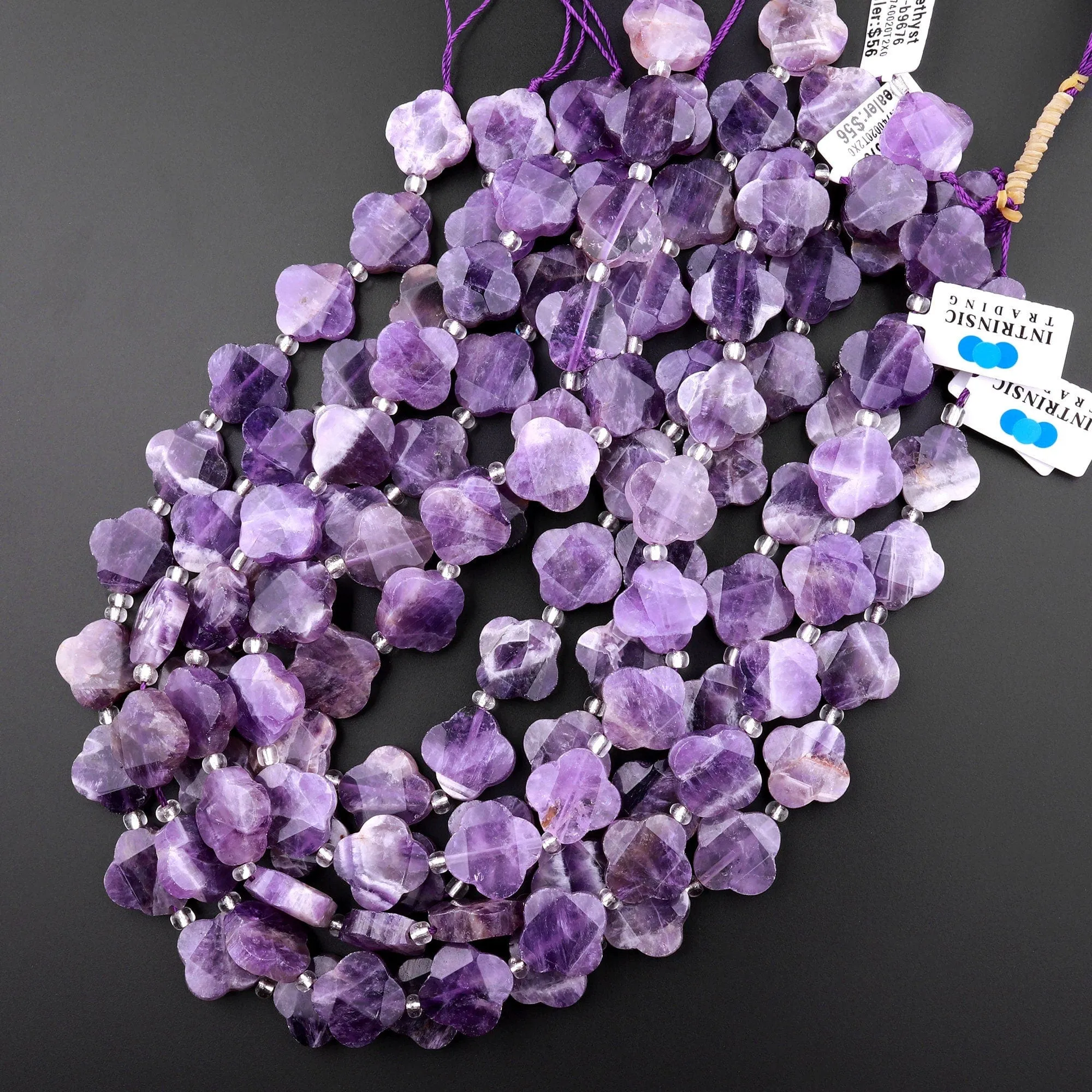 4 Four Leaf Clover Beads Natural Purple Amethyst Hand Carved Flower Gemstone 15.5" Strand