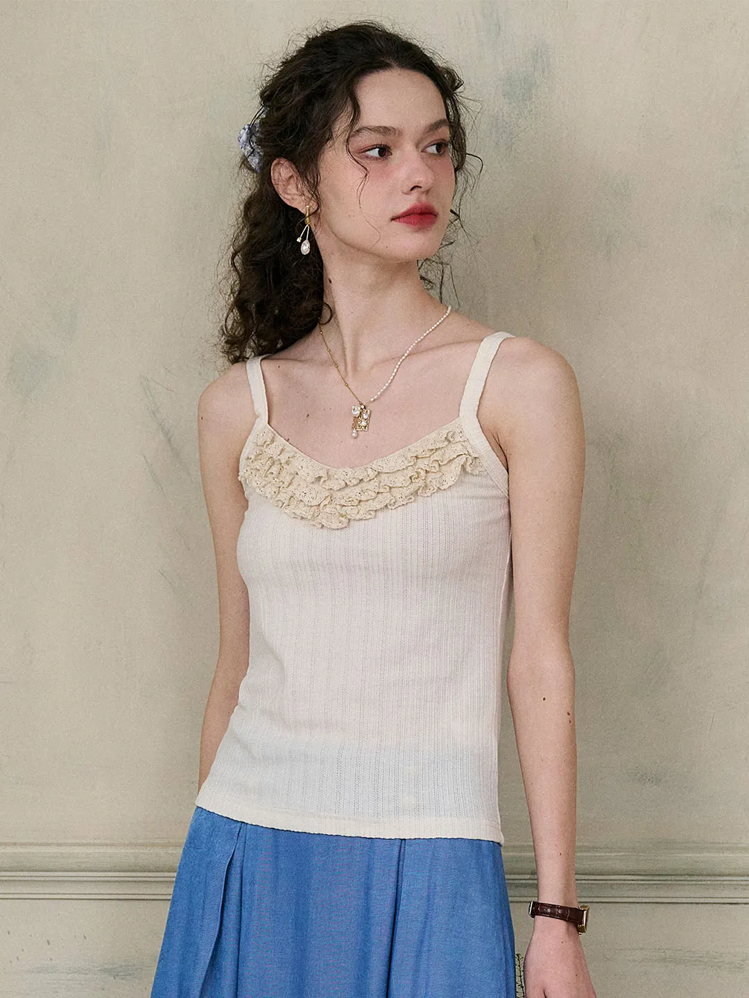 (Add-on Item) Gracie French V-neck Ruffle Lace Ribbed Camisole Top