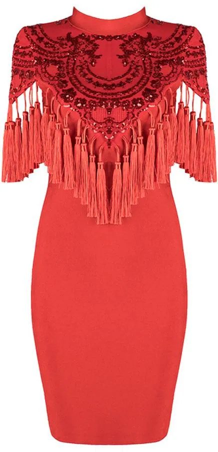 'Addisan' Sequin-Embellished Tassel Stretch Mini Dress - Red or Black