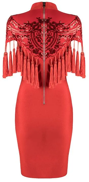 'Addisan' Sequin-Embellished Tassel Stretch Mini Dress - Red or Black