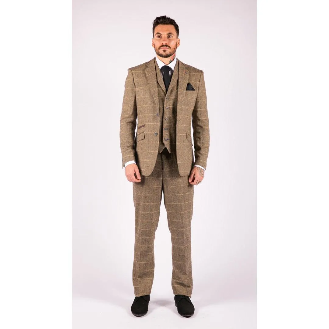 albert - Men's Boys 3 Piece Tweed Herringbone Check Tan Brown Suit