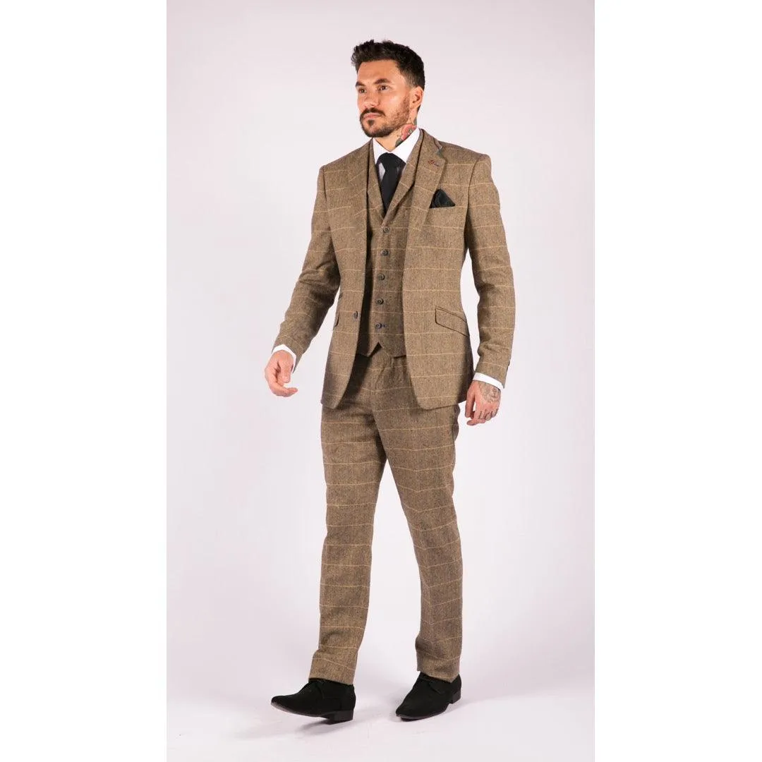 albert - Men's Boys 3 Piece Tweed Herringbone Check Tan Brown Suit