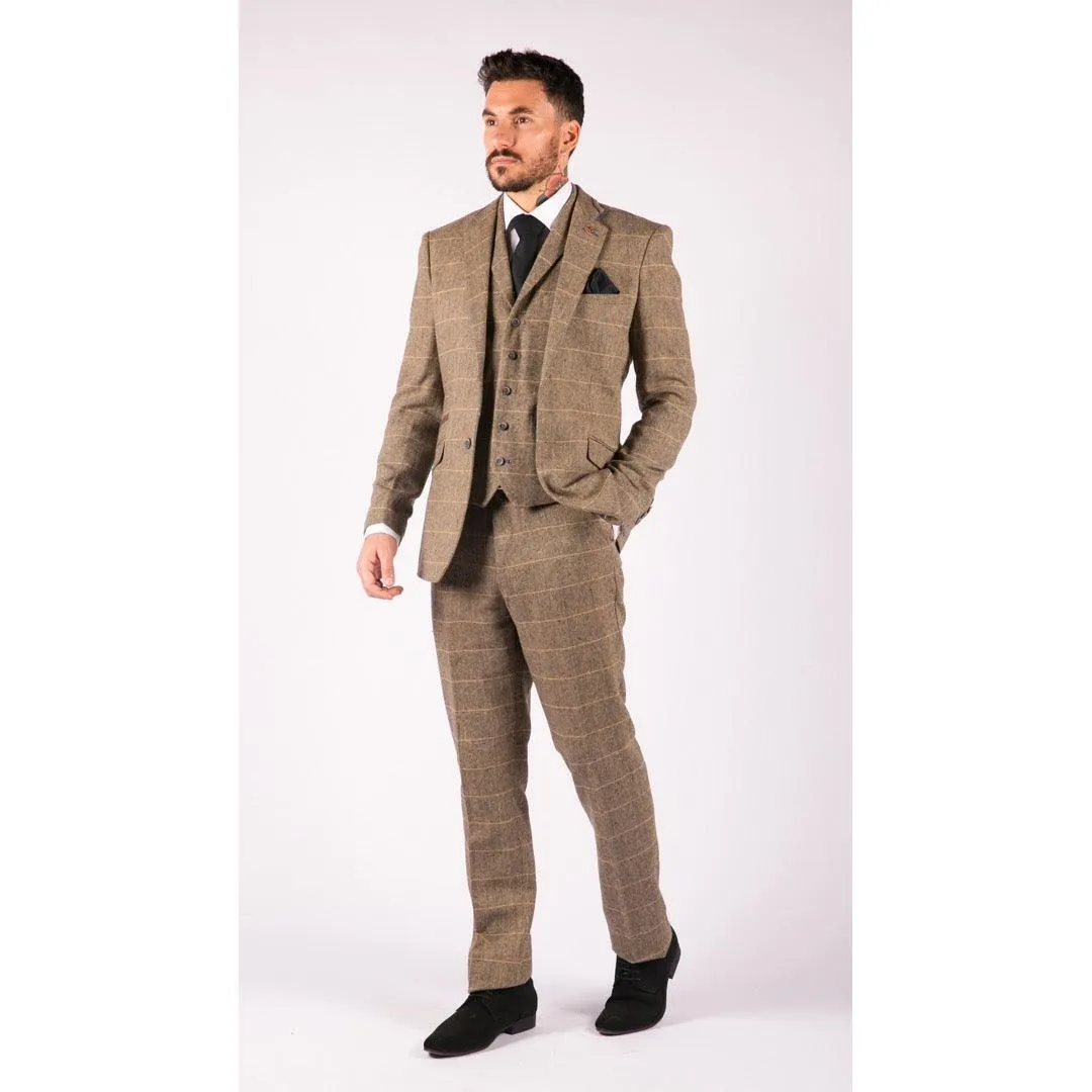 albert - Men's Boys 3 Piece Tweed Herringbone Check Tan Brown Suit