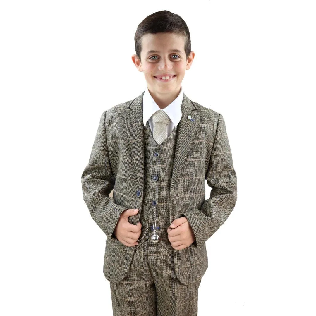 albert - Men's Boys 3 Piece Tweed Herringbone Check Tan Brown Suit