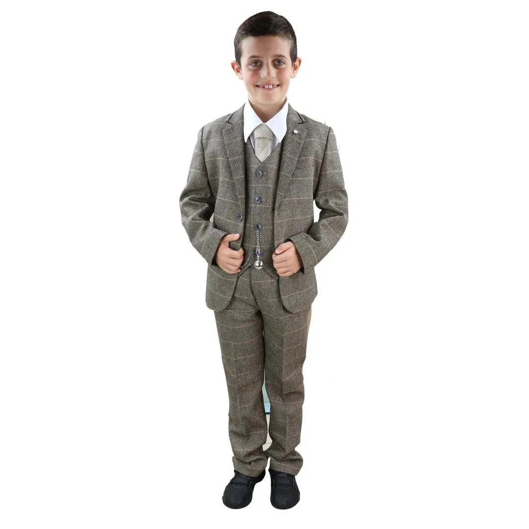 albert - Men's Boys 3 Piece Tweed Herringbone Check Tan Brown Suit