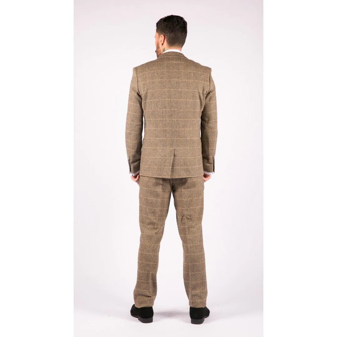 albert - Men's Boys 3 Piece Tweed Herringbone Check Tan Brown Suit