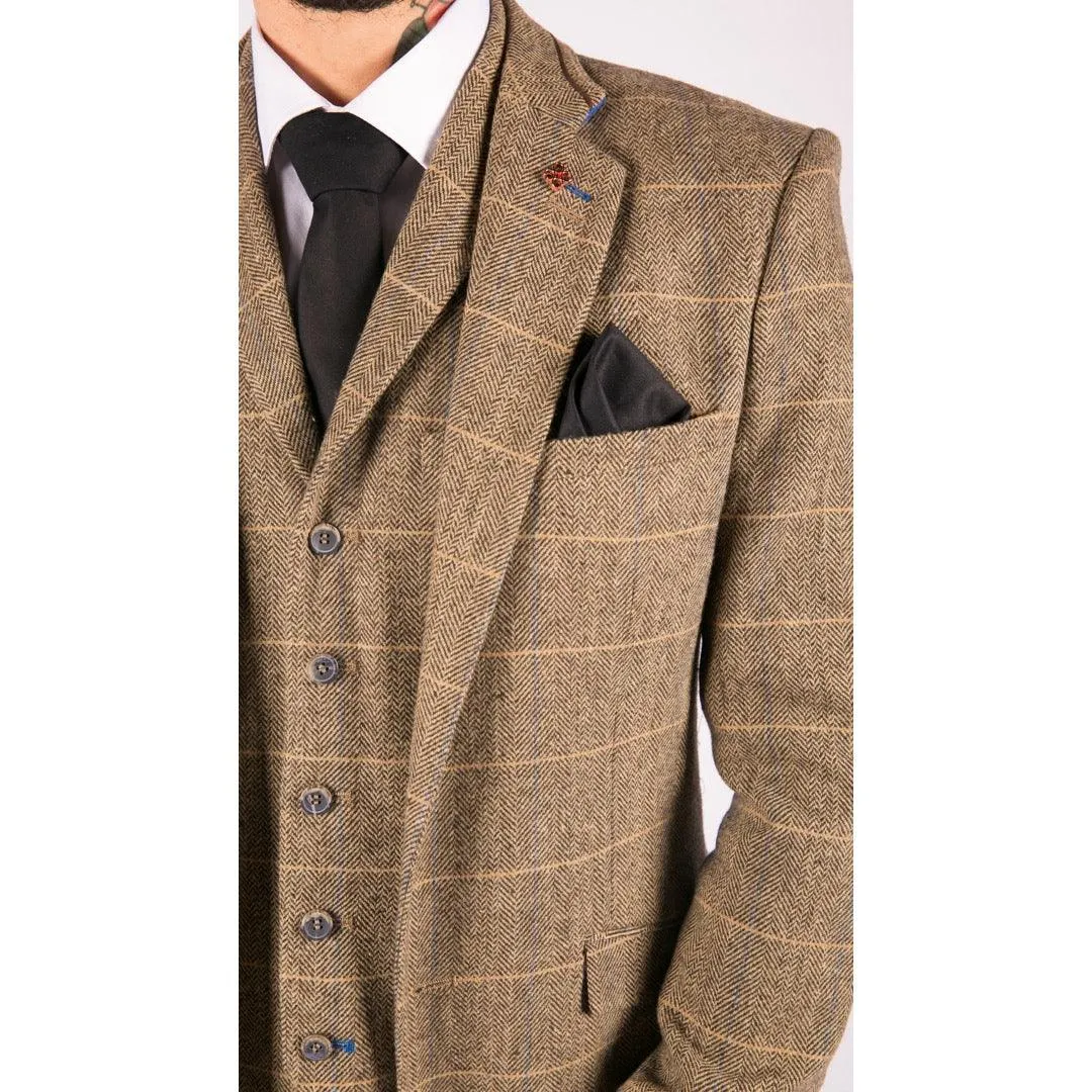 albert - Men's Boys 3 Piece Tweed Herringbone Check Tan Brown Suit