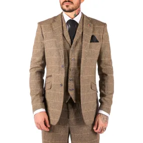 albert - Men's Boys 3 Piece Tweed Herringbone Check Tan Brown Suit