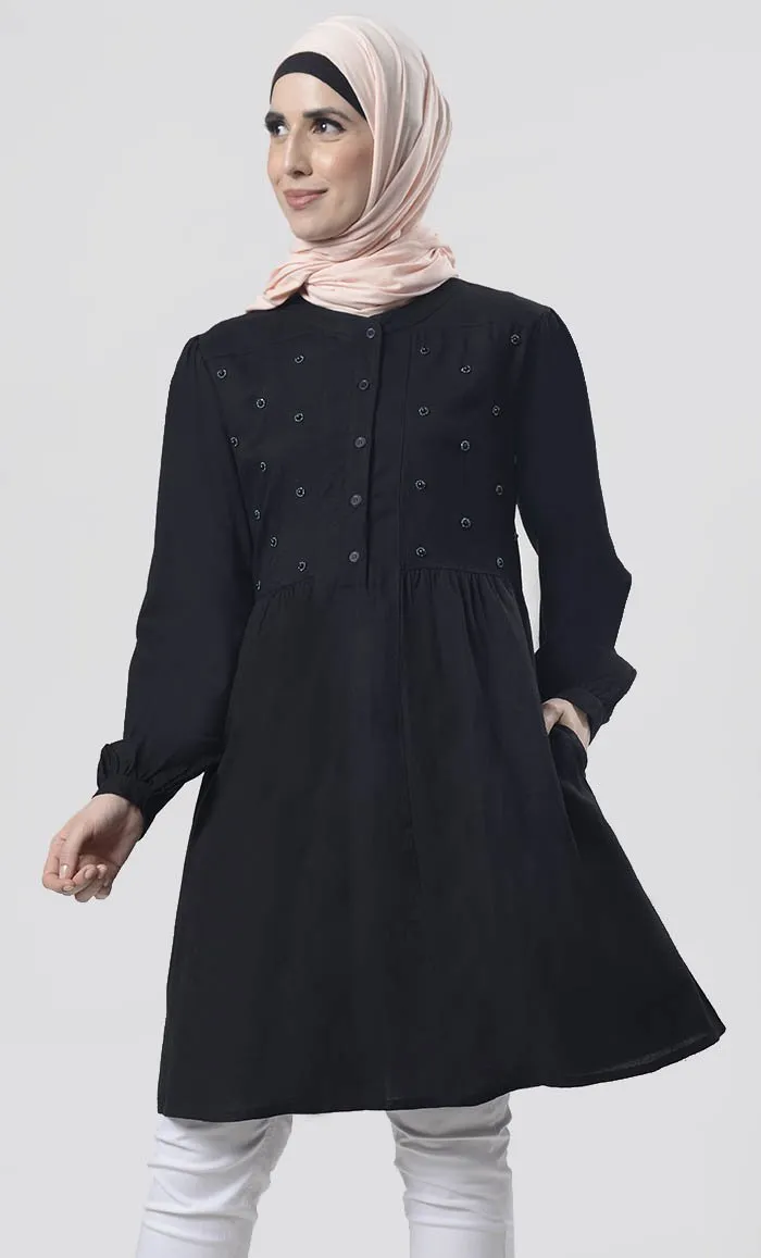 Amazing Black Hand Work Embroidered Front Open Button Tunic