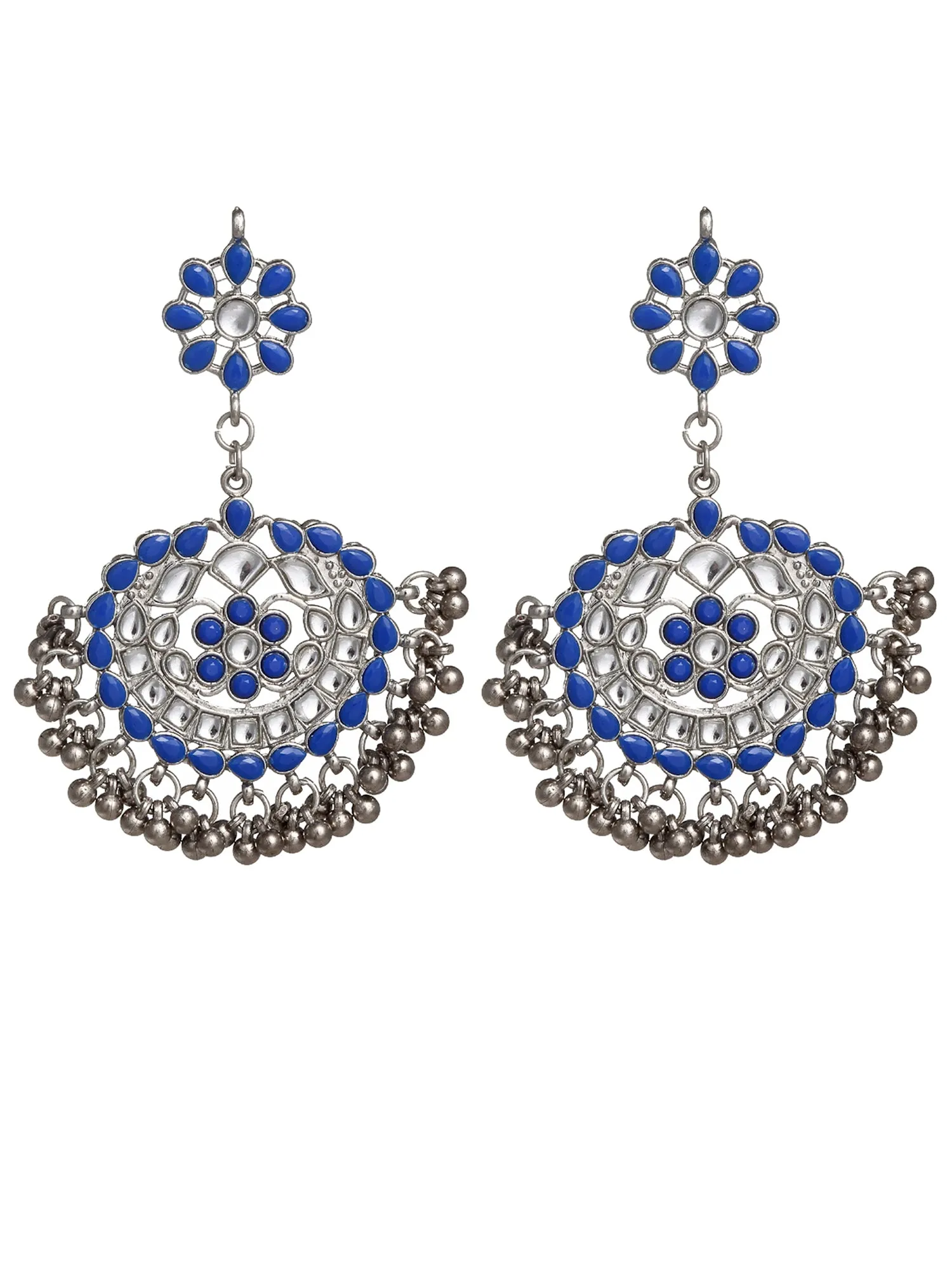 Antique Blue Kundan Studded Oxidised Silver Handcrafted Chandbali Earrings