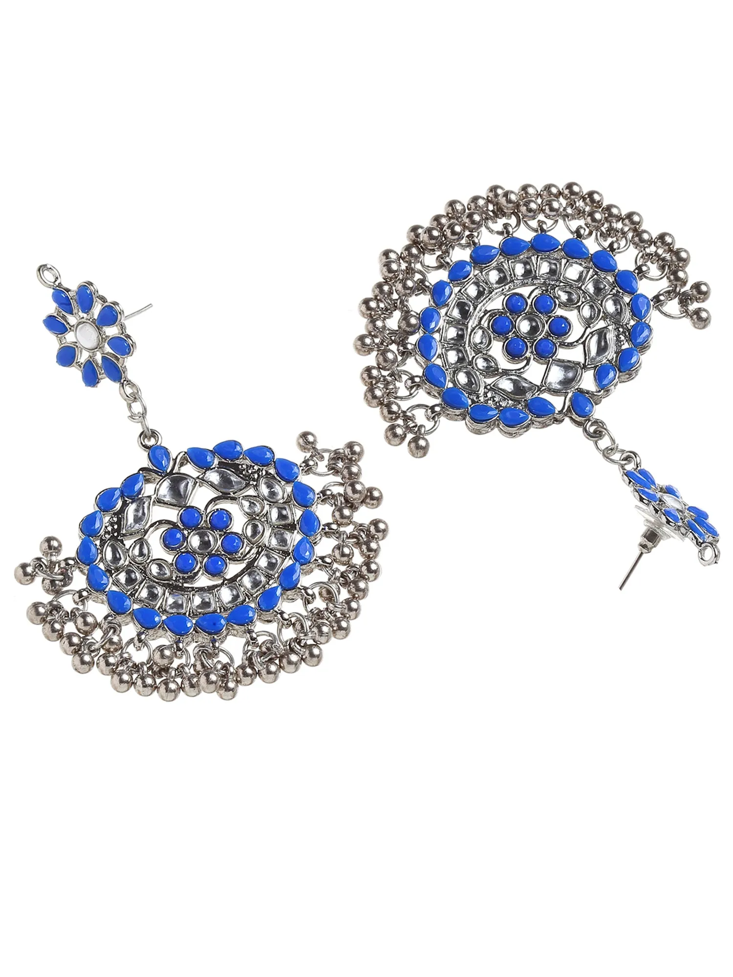 Antique Blue Kundan Studded Oxidised Silver Handcrafted Chandbali Earrings