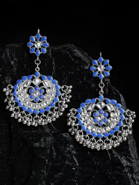 Antique Blue Kundan Studded Oxidised Silver Handcrafted Chandbali Earrings