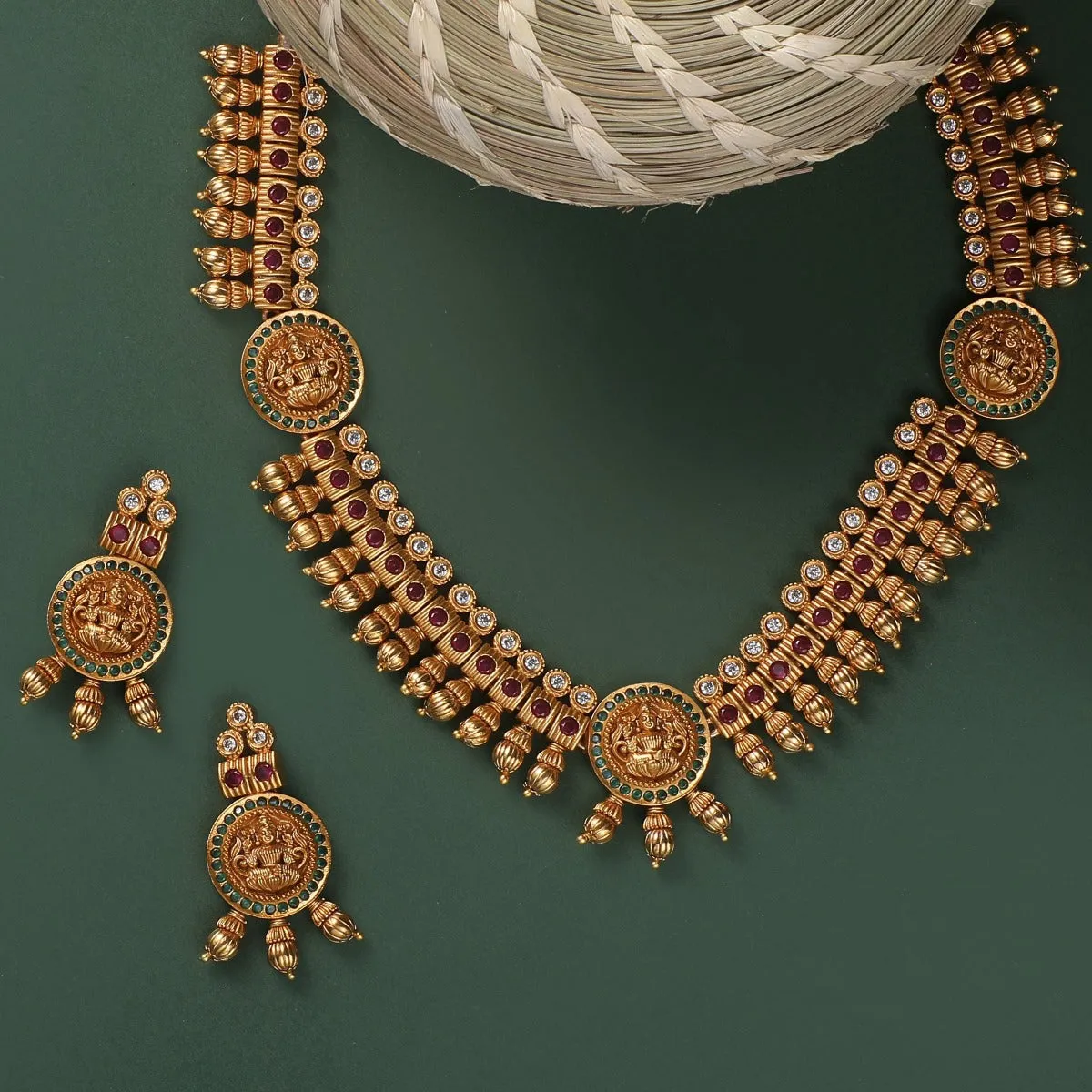 Antique Gold Plated Ambika Necklace and Earrings Set