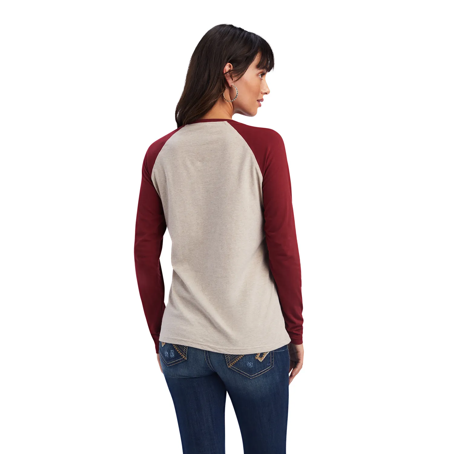 Ariat Womens REAL Ropey Rose LS Shirt - Oatmeal Heather/Rouge Red