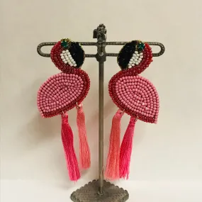 Beaded and Tassel Flamingo Statement Earrings