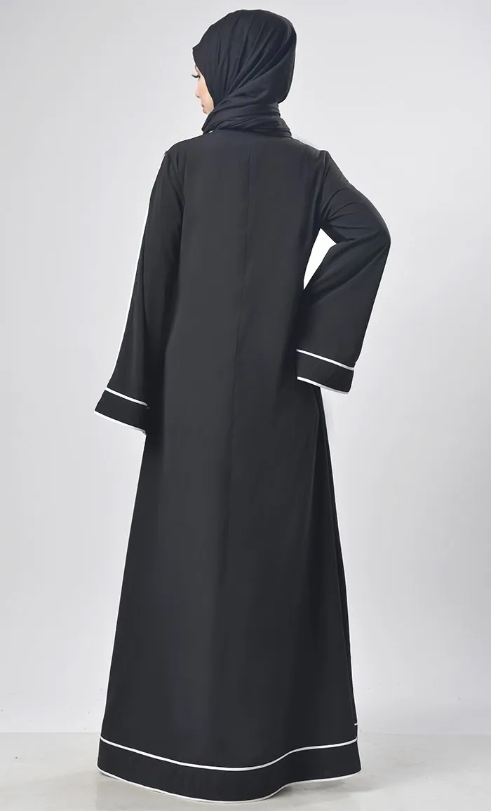 Black Contrast Color Piping Detailing Abaya