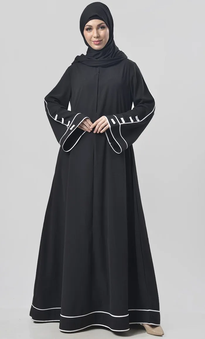 Black Contrast Color Piping Detailing Abaya