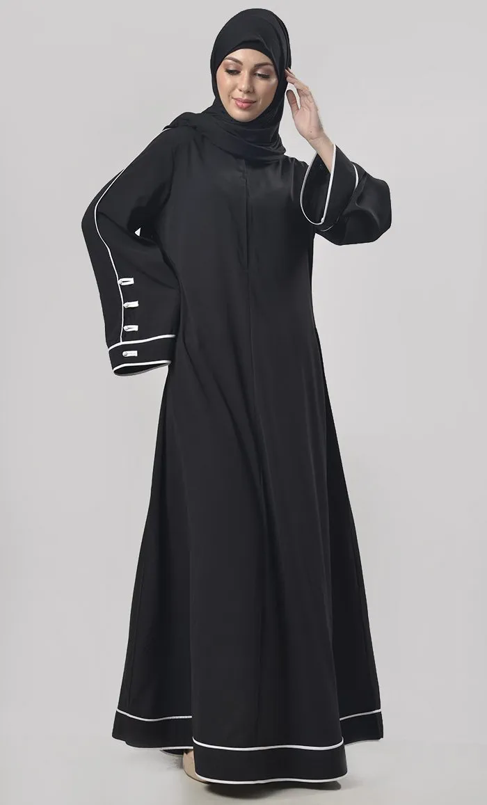 Black Contrast Color Piping Detailing Abaya