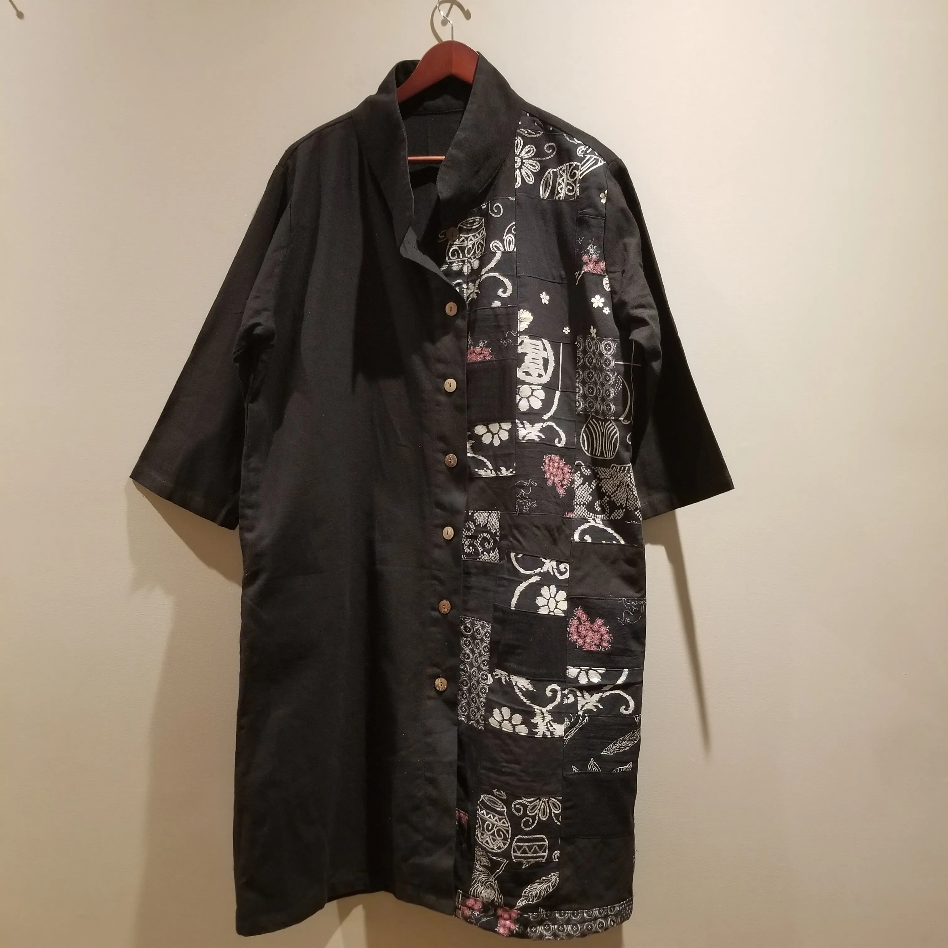 black patchwork button up coat with pockets