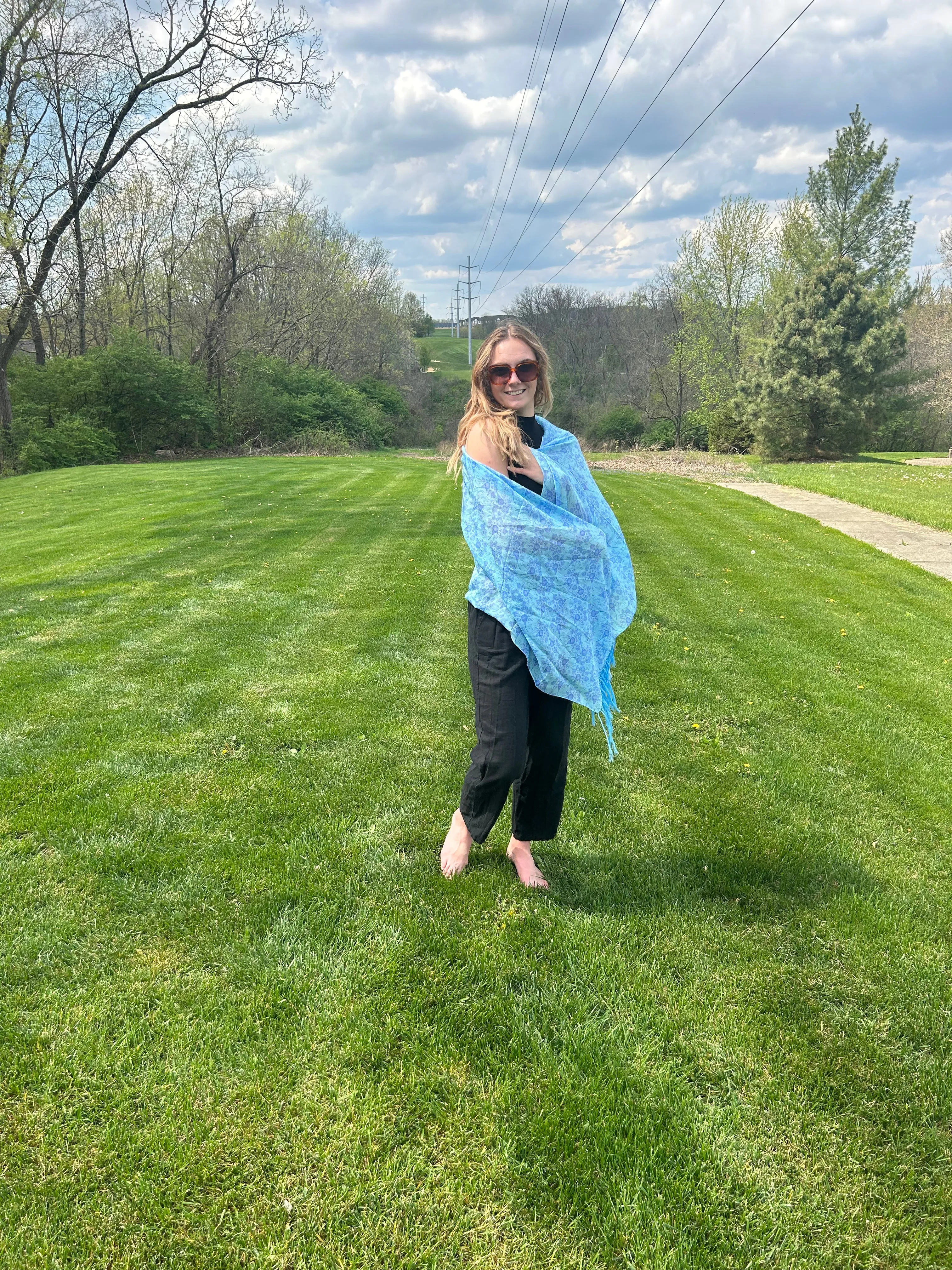 Blowing Blue Flowers on Blue Scarf, 24x75", 80/20 Silk/Cotton, Hanknotted Fringe