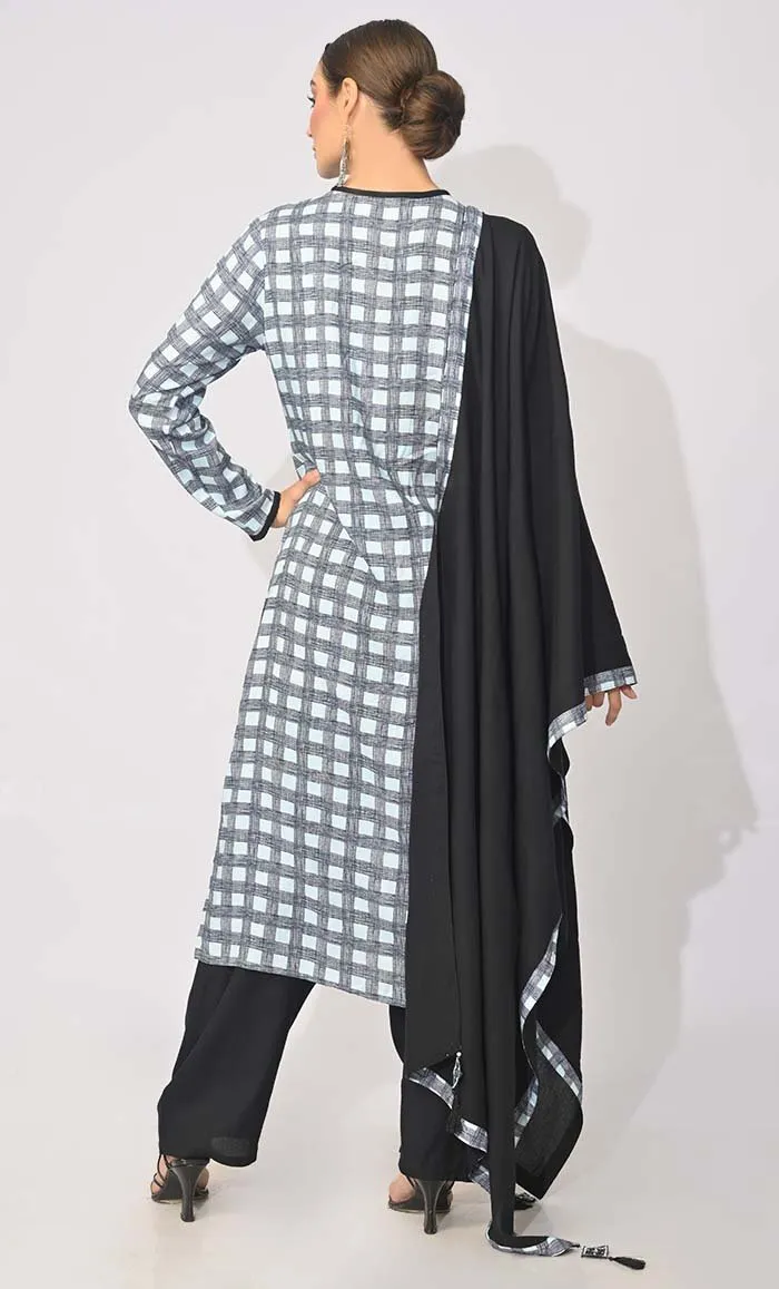 Bohemian Bliss: Checkered Printed 3Pc Salwar Kameez set With Dupatta and Tassels Detailing