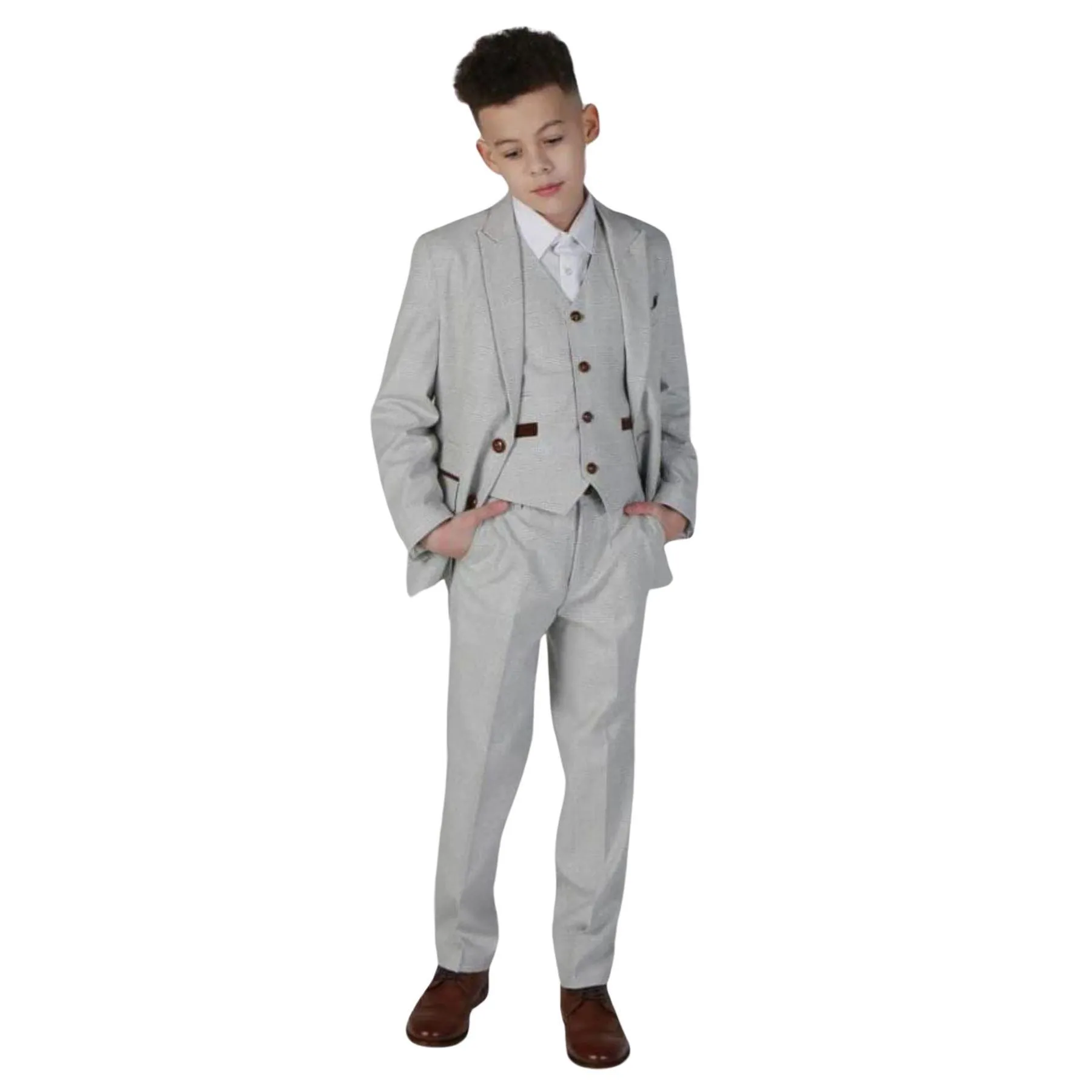 Boys Grey Stone 3 Piece Tweed Check Suit Wedding