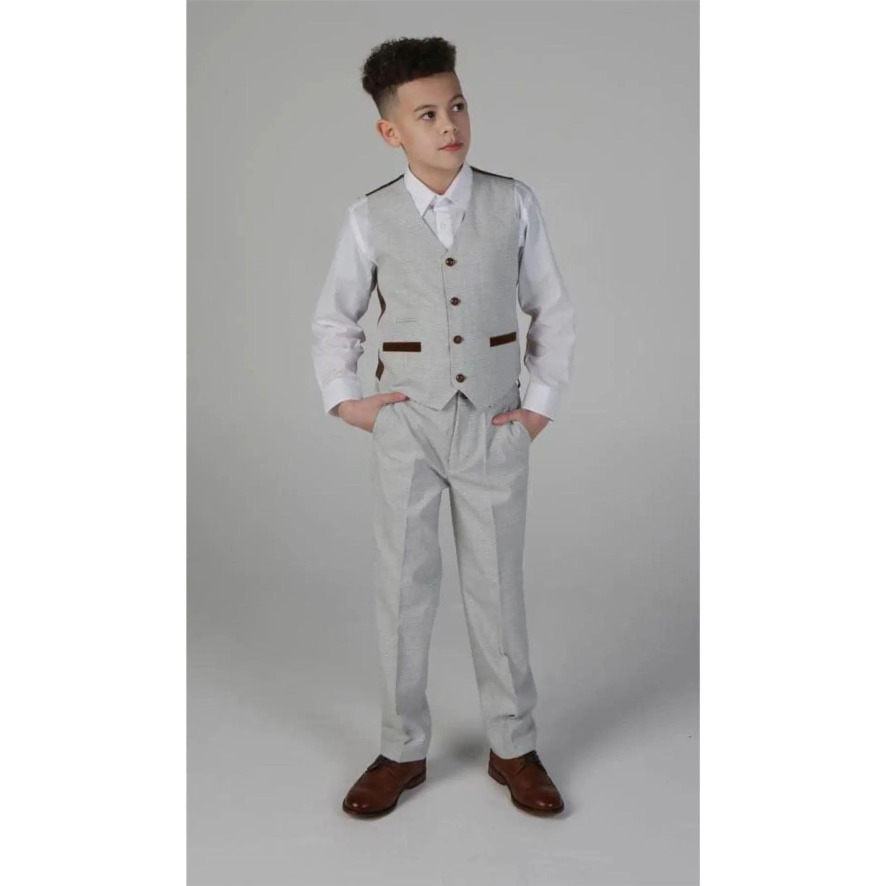 Boys Grey Stone 3 Piece Tweed Check Suit Wedding