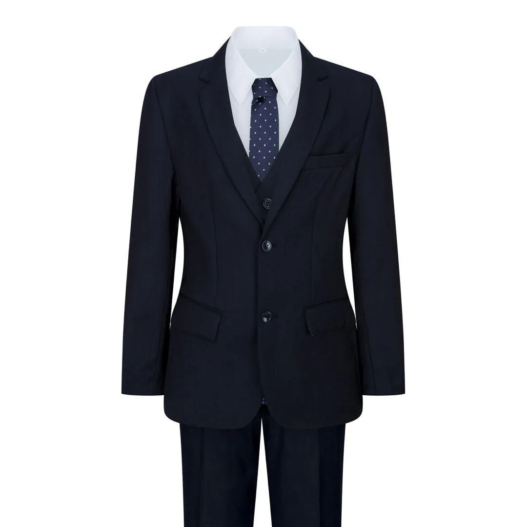 Boys Navy Blue 5 Piece Suit Blazer Waistcoat Shirt Tie Trousers Wedding Party