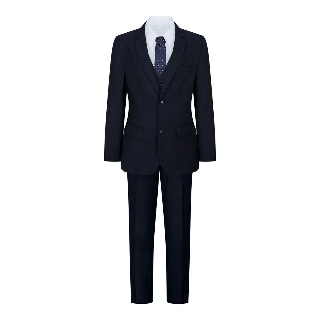 Boys Navy Blue 5 Piece Suit Blazer Waistcoat Shirt Tie Trousers Wedding Party