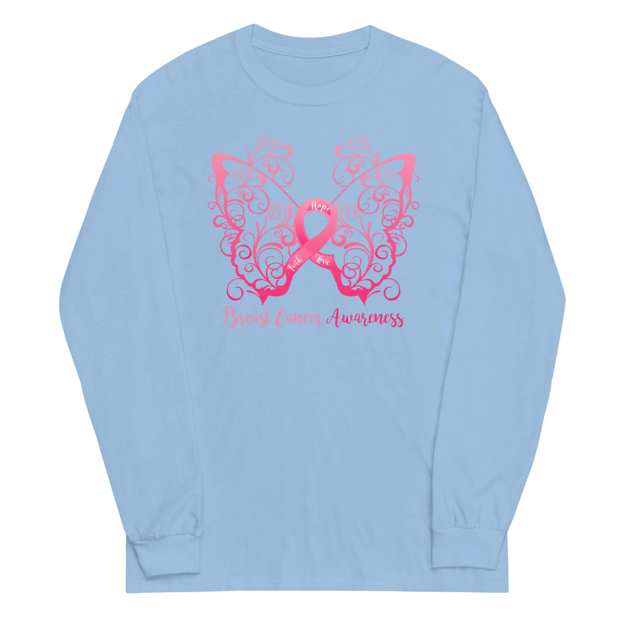 Breast Cancer Awareness Filigree Butterfly Plus Size Long Sleeve Shirt - Several Colors Available