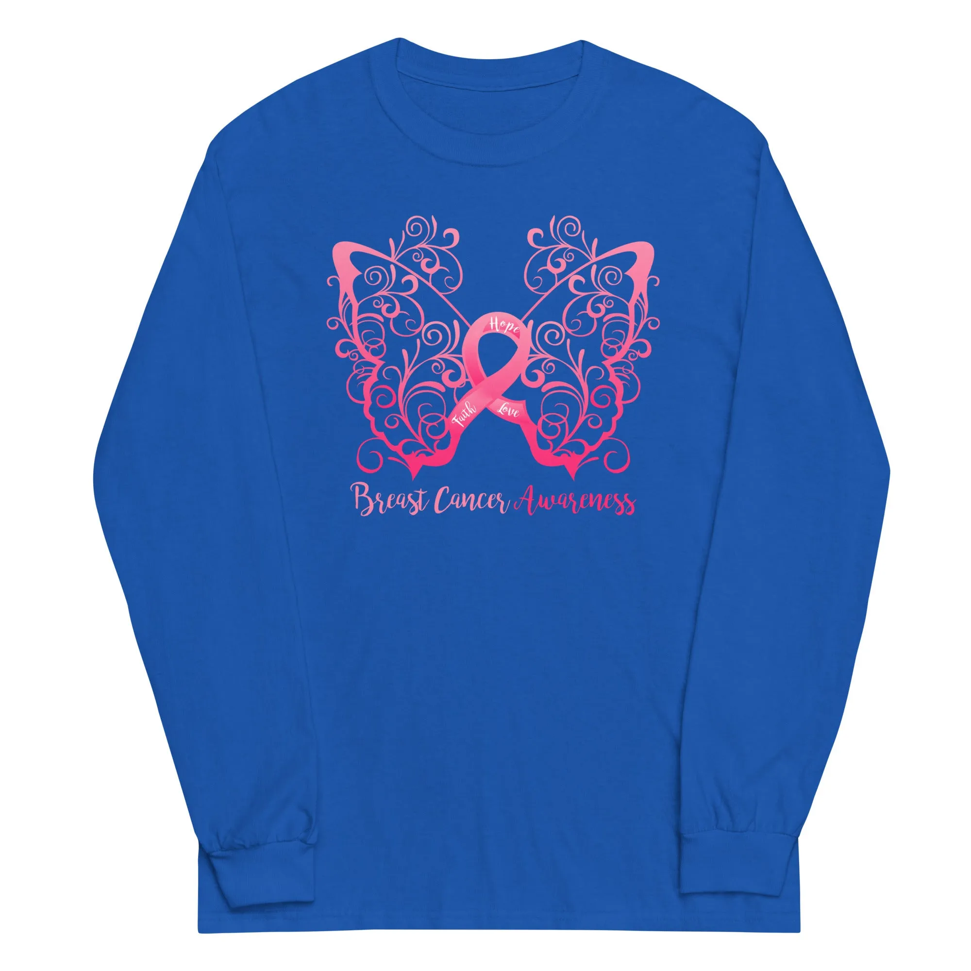 Breast Cancer Awareness Filigree Butterfly Plus Size Long Sleeve Shirt - Several Colors Available