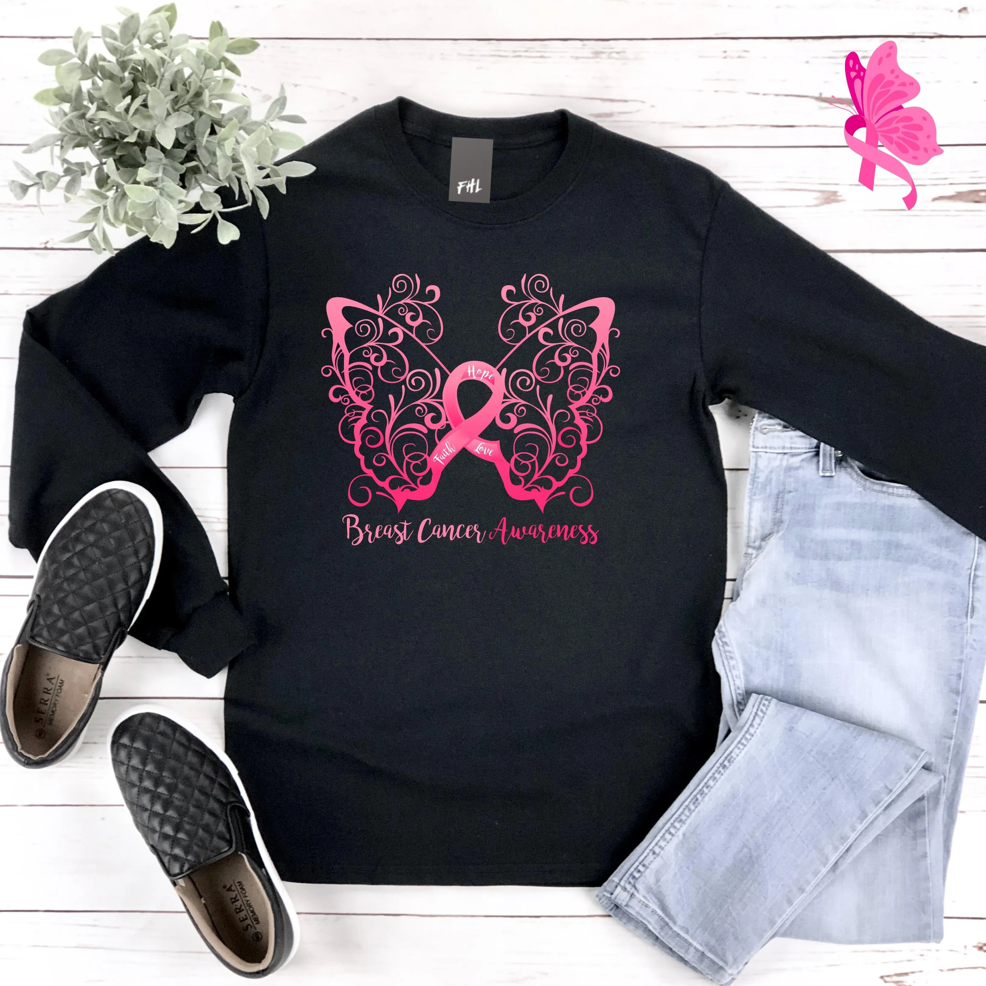 Breast Cancer Awareness Filigree Butterfly Plus Size Long Sleeve Shirt - Several Colors Available