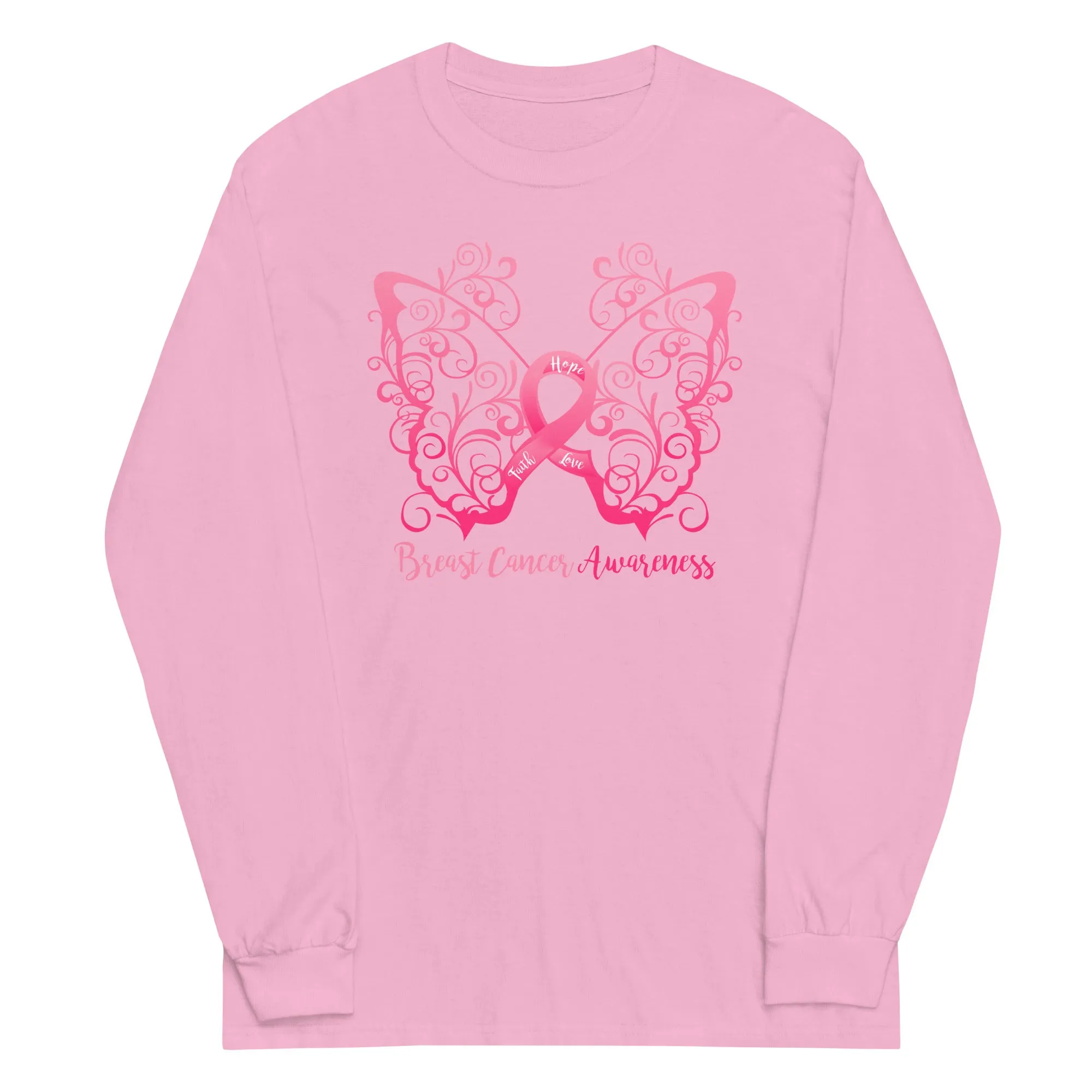 Breast Cancer Awareness Filigree Butterfly Plus Size Long Sleeve Shirt - Several Colors Available