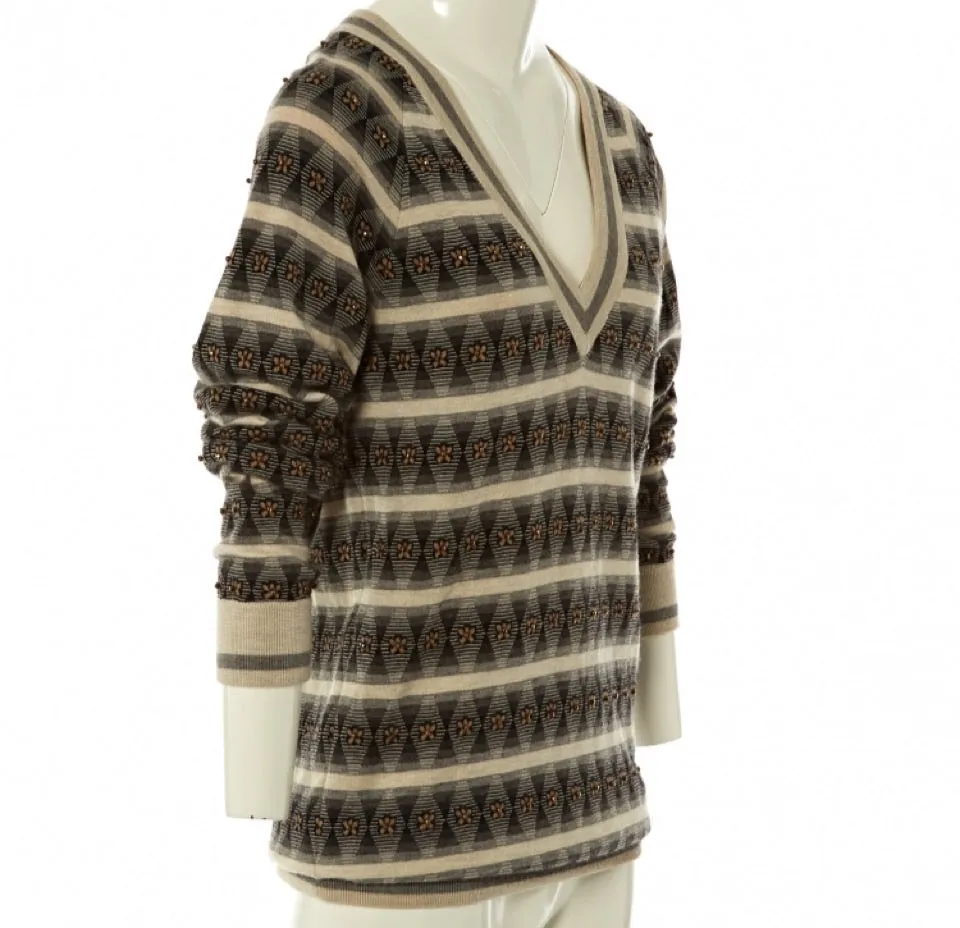 Chanel 07A 2007 Fall striped beaded Cashmere Tunic Sweater Jumper FR 34