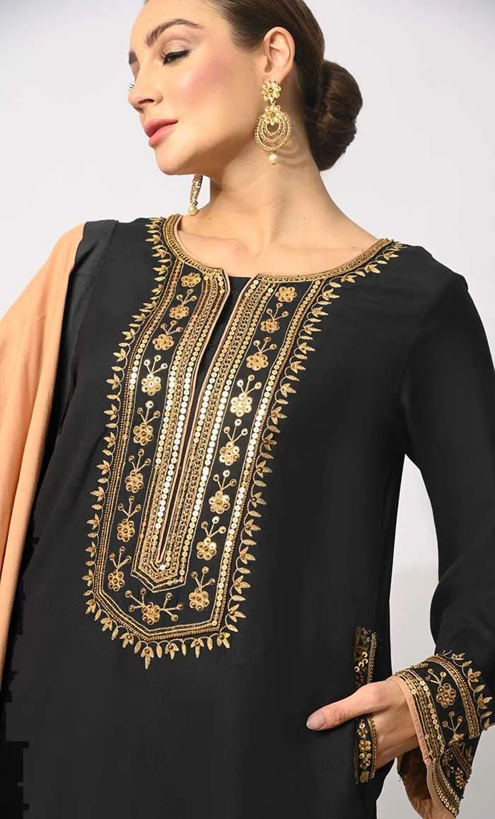 Charm & Elegance: Embellished Black Salwar Kameez with Dupatta 3Pc Set - Final Sale