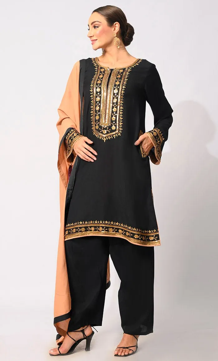 Charm & Elegance: Embellished Black Salwar Kameez with Dupatta 3Pc Set - Final Sale