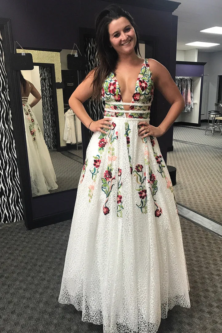 Charming V Neck Floral Embroidery Long Lace Prom Dress with Pocket KJ1