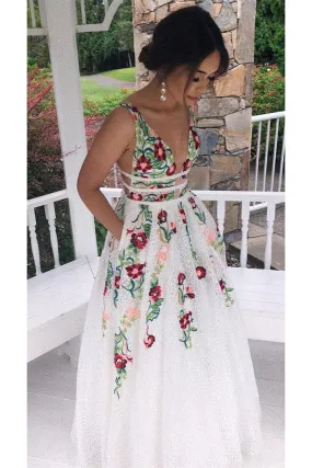 Charming V Neck Floral Embroidery Long Lace Prom Dress with Pocket KJ1