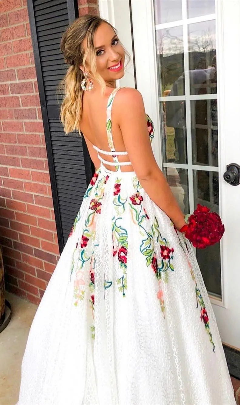 Charming V Neck Floral Embroidery Long Lace Prom Dress with Pocket KJ1