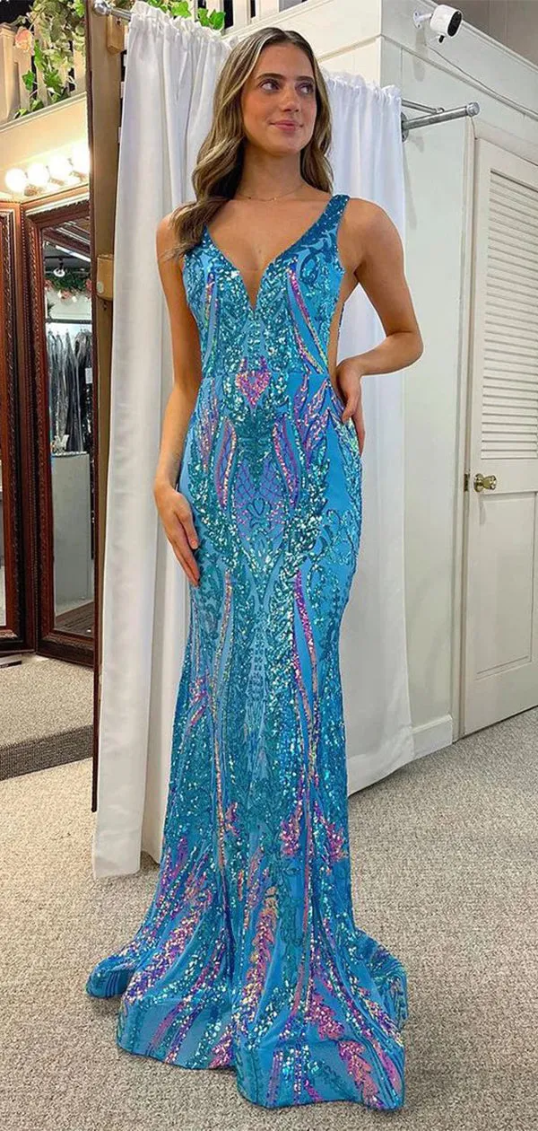 Colorful Mermaid V-neck Backless Popular Long Evening Dresses, Formal Dresses, Birthday Party, WGP570