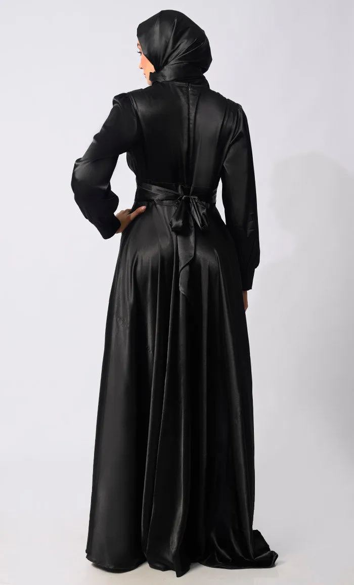 Contemporary Couture: Black Satin Flared Abaya with front Pleating and show Buttons