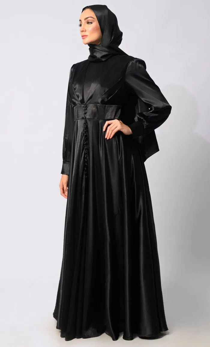 Contemporary Couture: Black Satin Flared Abaya with front Pleating and show Buttons