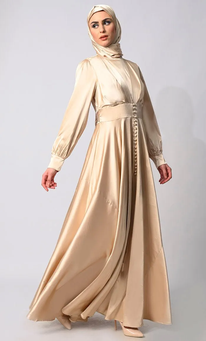 Contemporary Couture: Golden Satin Flared Abaya with front Pleating and show Buttons